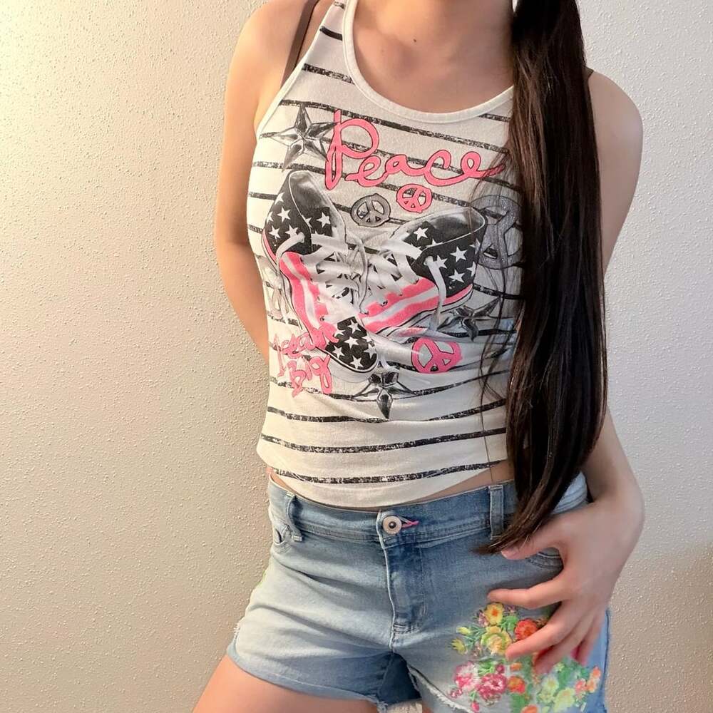 Justice Girls White and Black Striped Tank Top with Peace and Sneaker Graphic Pr